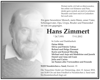 Traueranzeige von Hans Zimmert von Pegnitz-Zeitung